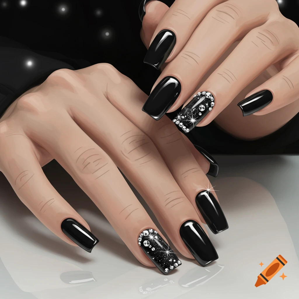 Close-up of hands with glossy black nails, some adorned with diamonds and glitter.