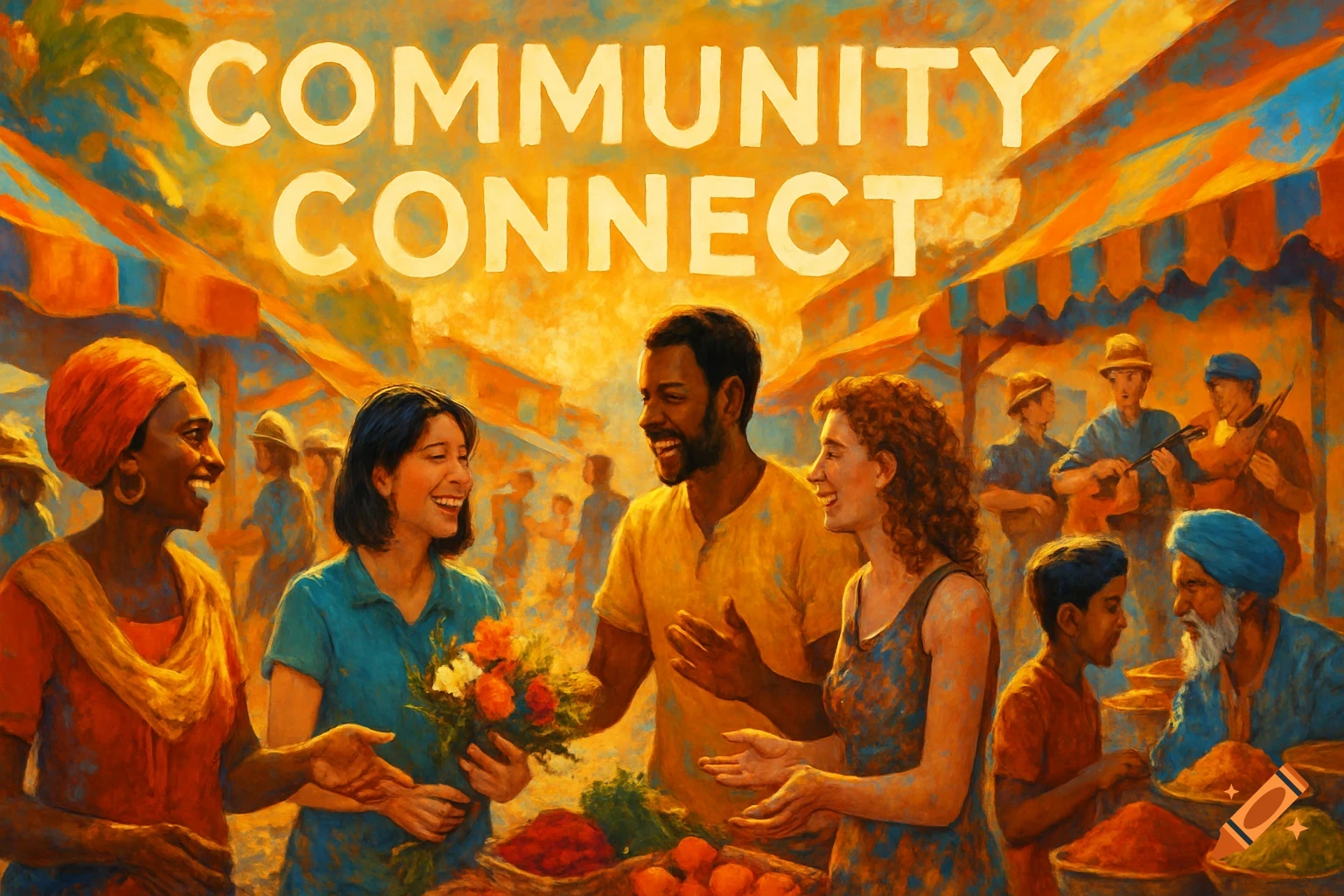 Painterly scene of diverse people smiling and interacting at a vibrant community market with "COMMUNITY CONNECT" text.