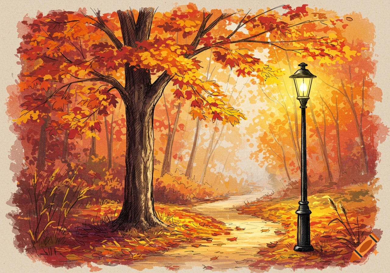 Watercolor sketch of an autumn forest path with vibrant orange and red trees and a glowing lamppost.
