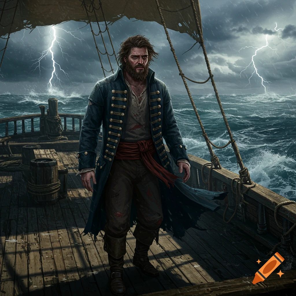 A weathered pirate stands alone on a ship deck amidst a stormy sea with lightning, looking abandoned. Digital painting.