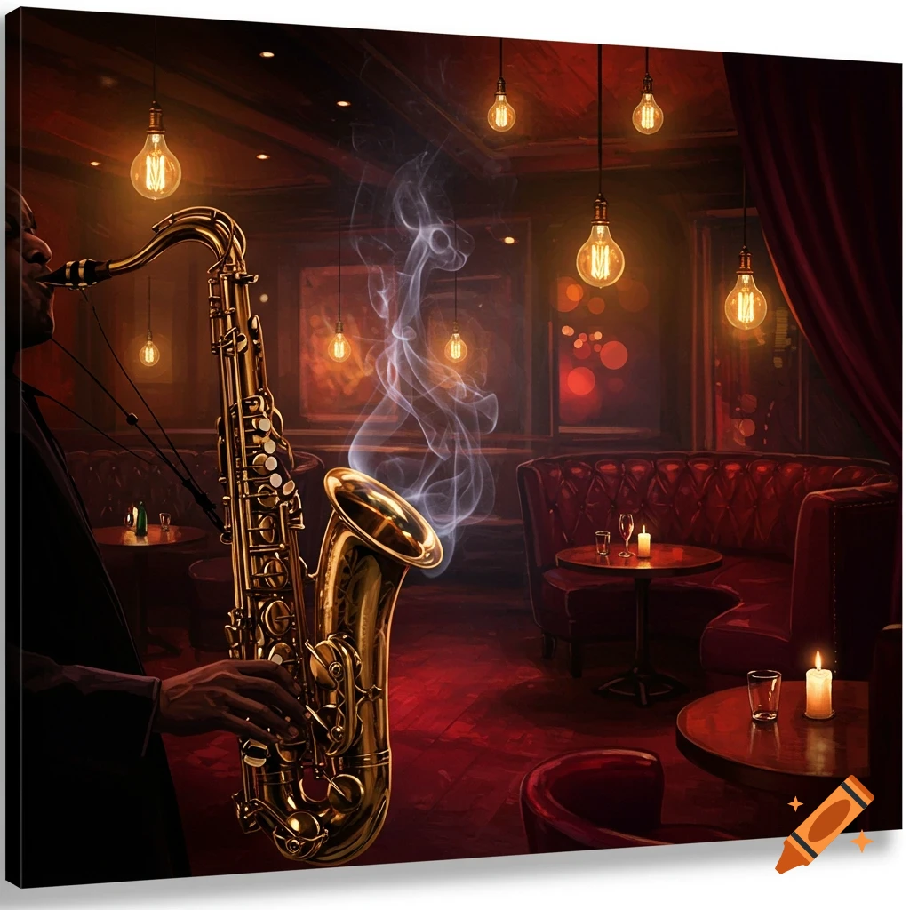 A musician plays a golden saxophone in a dimly lit, smoky jazz club with red velvet booths and vintage Edison bulbs.
