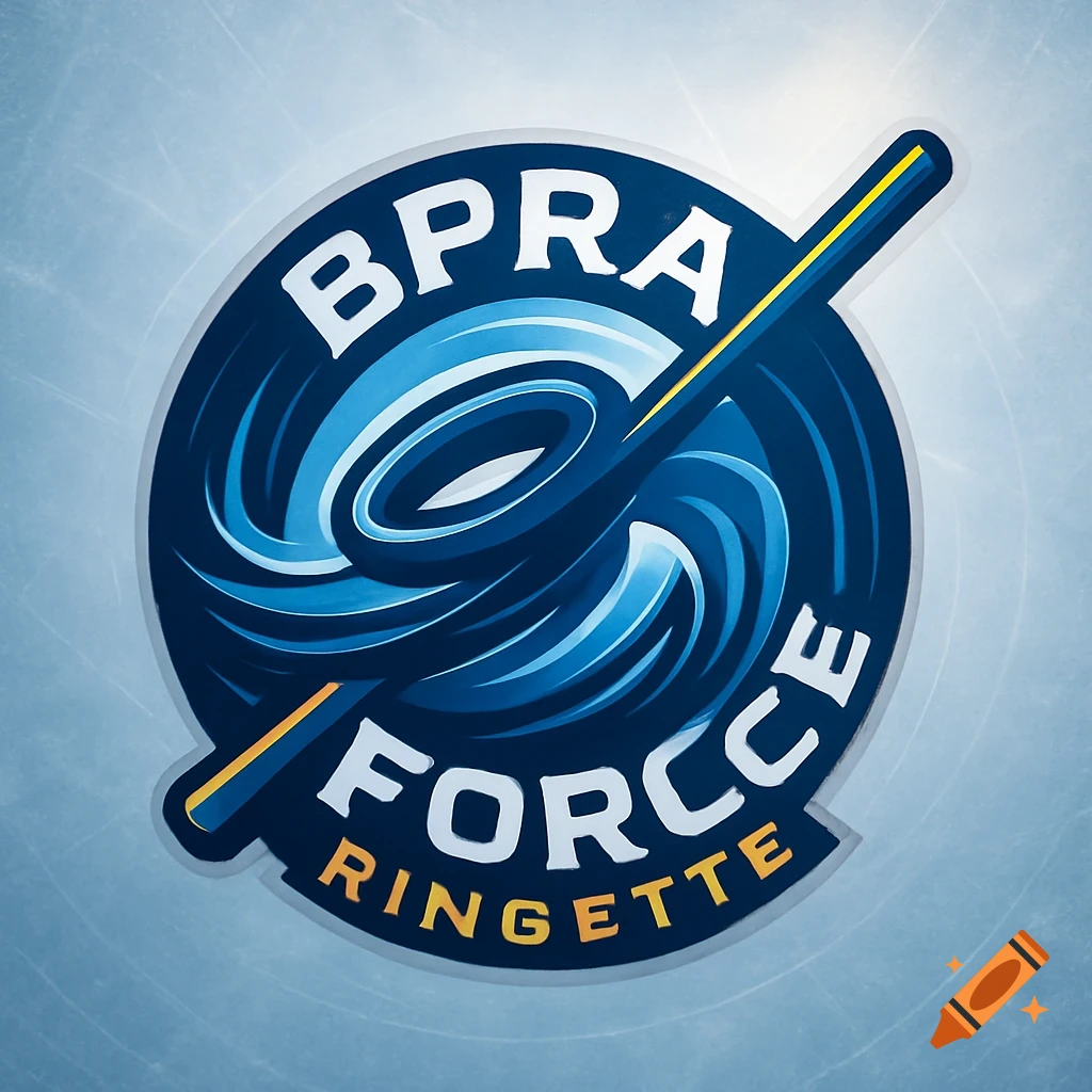 A dynamic blue and white logo for 'BPRA Force Ringette' featuring a stylized ringette stick over a swirling design, set against an ice background.