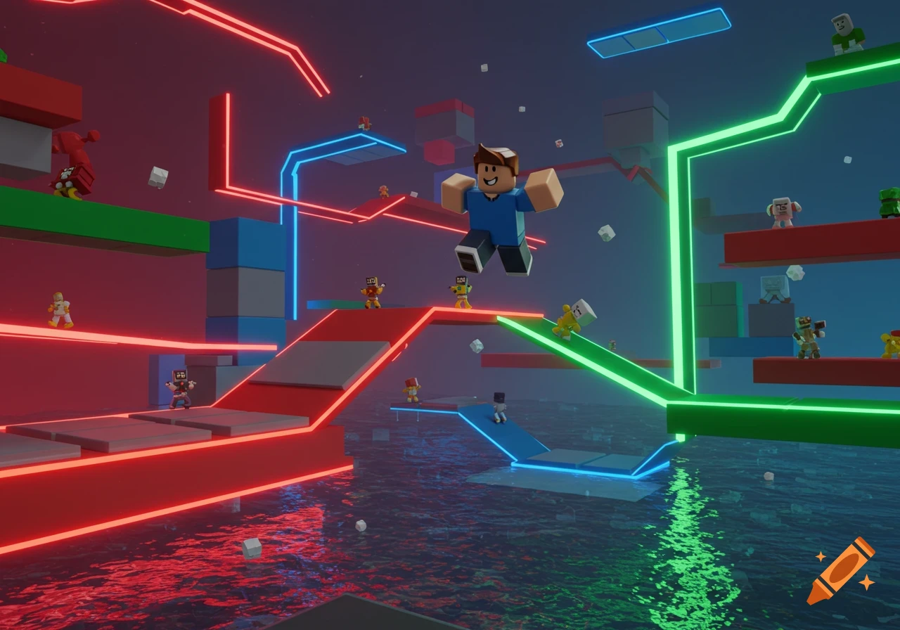 Blocky character jumps on glowing platforms over water in a colorful, stylized video game obstacle course, like Roblox.
