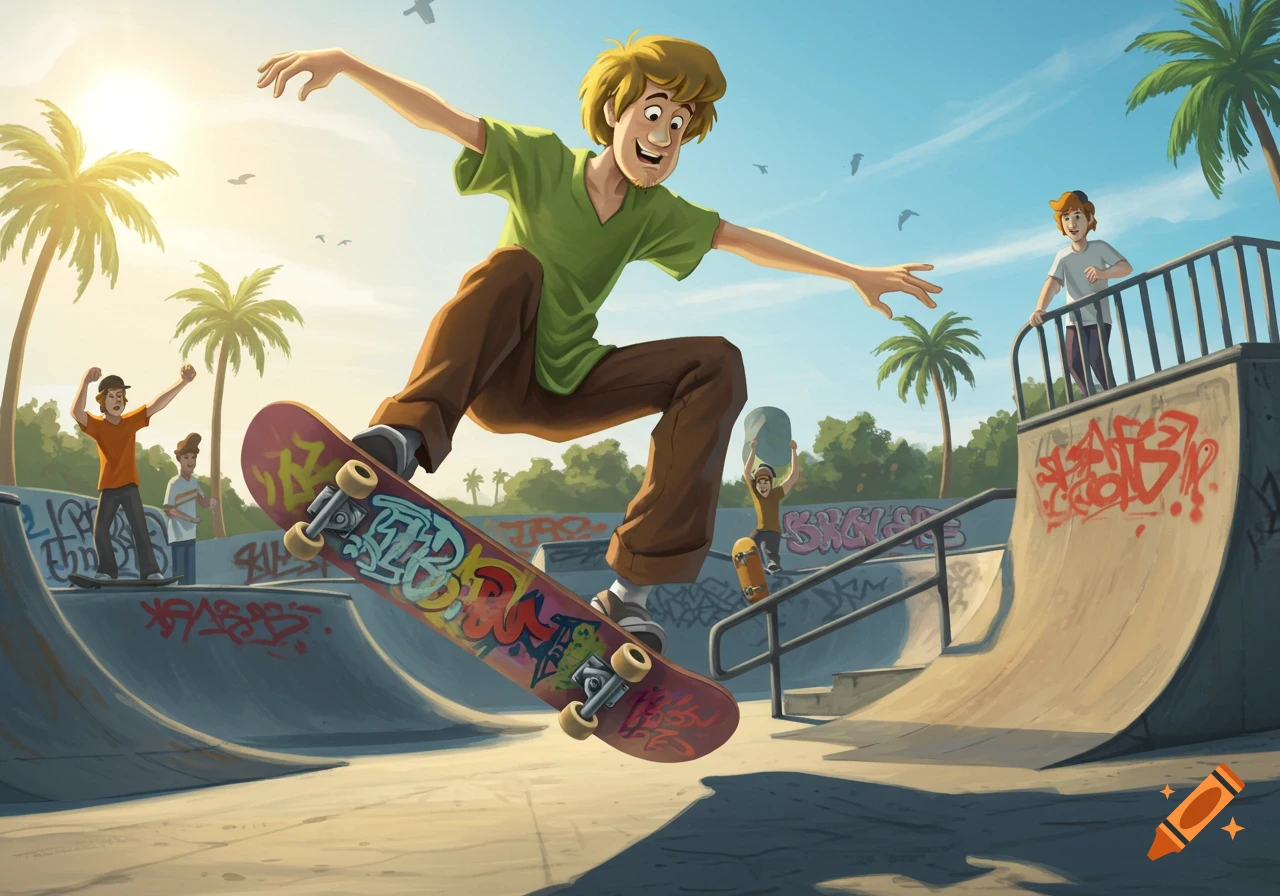 Shaggy from Scooby-Doo performs an ollie on a skateboard at a sunny cartoon skatepark with palm trees.