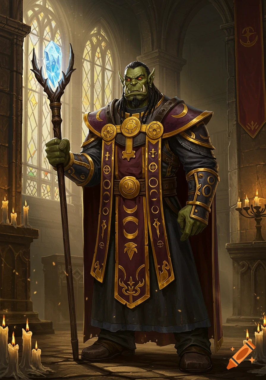 A detailed fantasy illustration of an orc cleric in ornate robes holding a crystal staff inside a gothic temple.