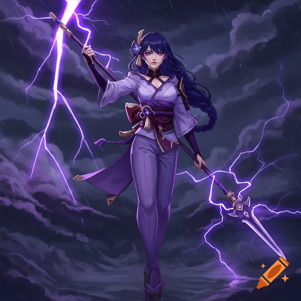 Digital painting of Raiden Shogun in a dark, stormy sky, holding a spear charged with purple lightning.