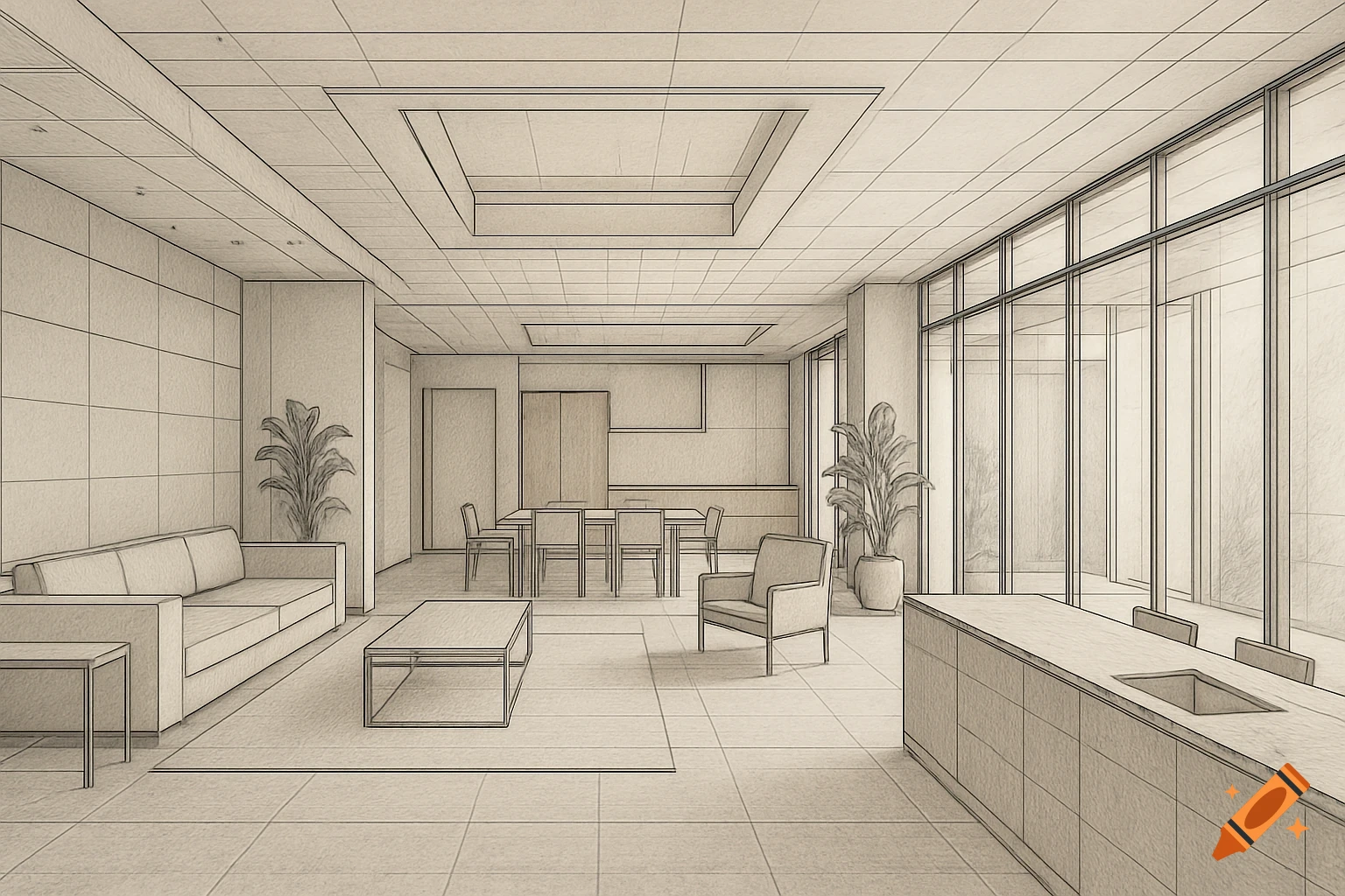 A detailed architectural sketch of a modern open-plan interior with a sofa, coffee table, dining area, and large windows.