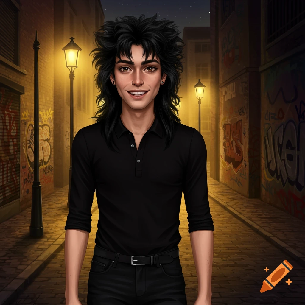 A smiling man with a black mullet, black polo, and black jeans stands in a dimly lit alley with graffiti-covered walls.