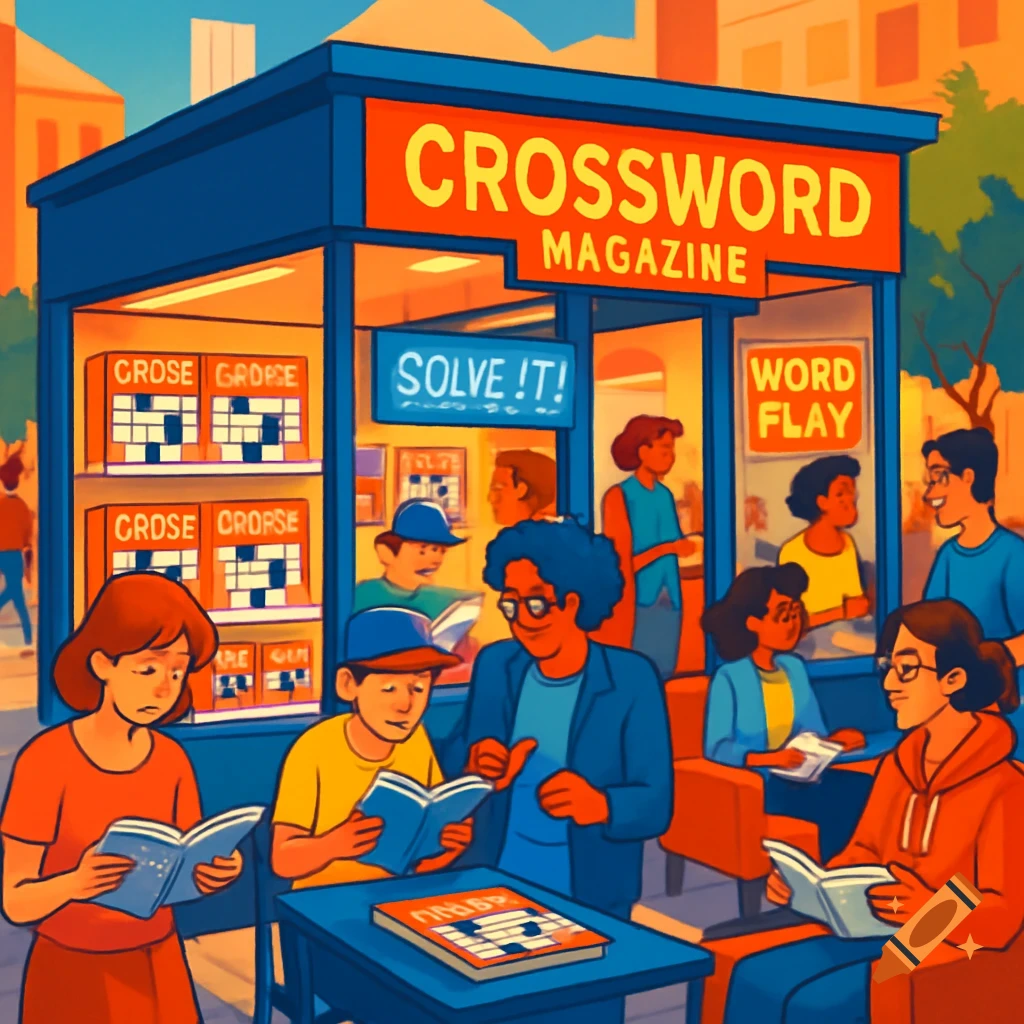 Illustrated scene of diverse people reading books and magazines at a colorful outdoor crossword magazine pop-up store.