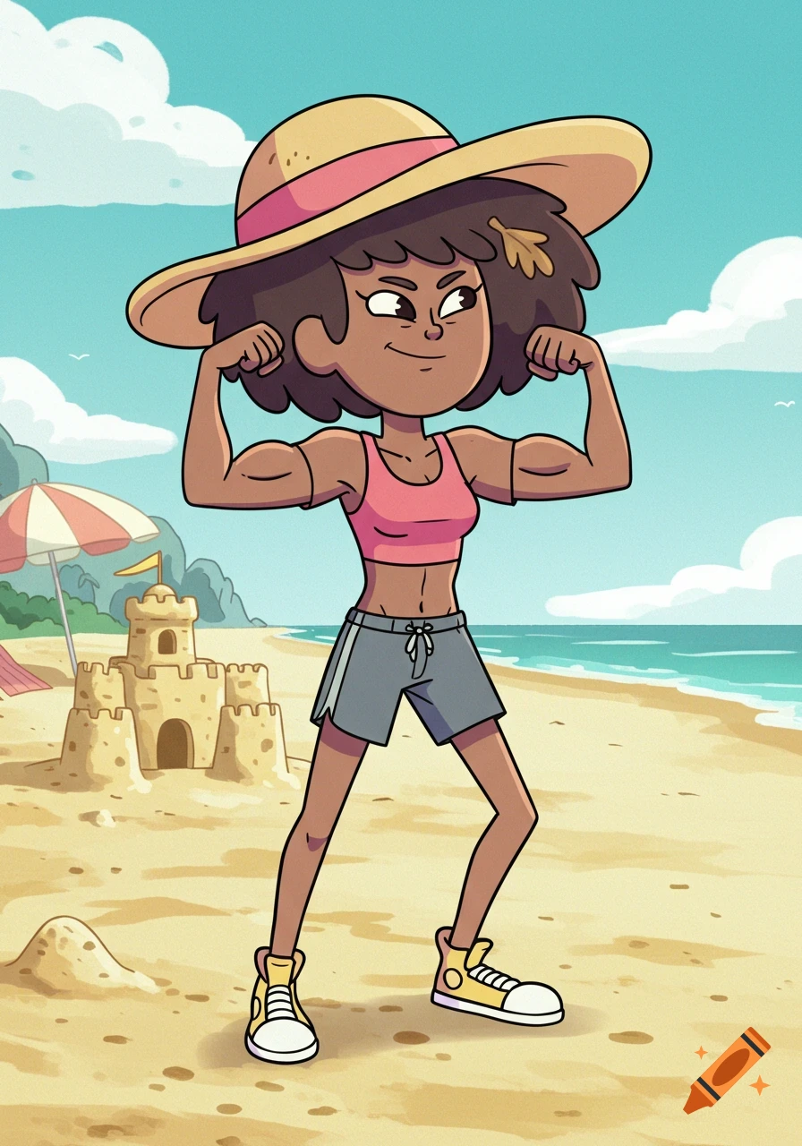 A strong cartoon woman with short curly hair and a straw hat flexing her biceps on a sandy beach with a sandcastle and ocean.