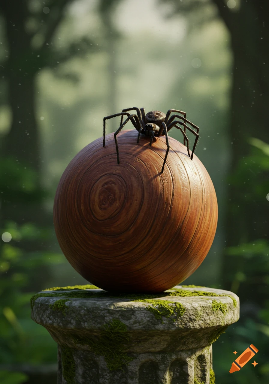 A dark spider sits atop a large, polished wooden ball, which rests on a moss-covered stone pillar in a lush, blurred forest.