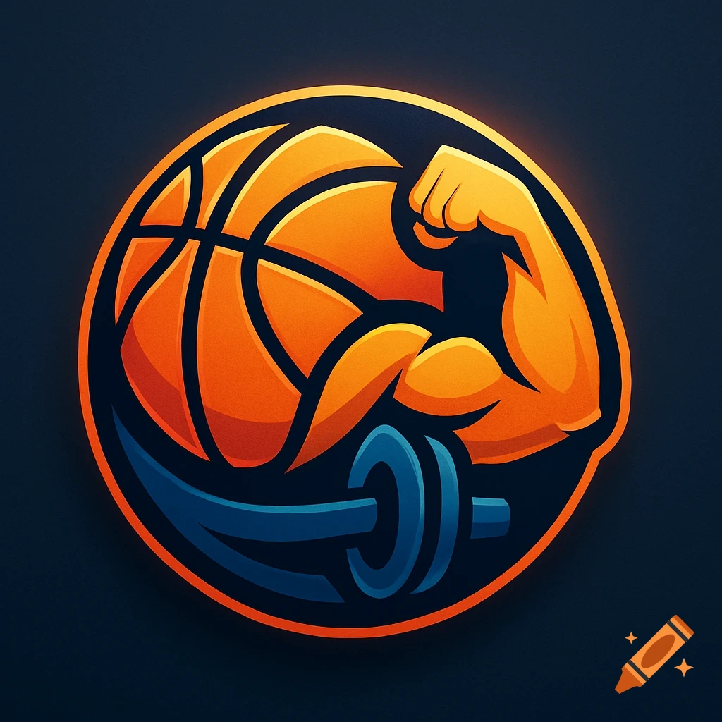A stylized logo featuring an orange basketball merged with a flexed bicep and a blue barbell on a dark background.