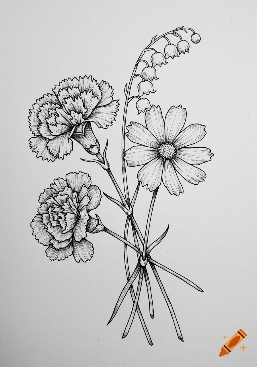 Simple pen and ink drawing of a carnation, cosmo, and lily of the valley with intertwined stems.