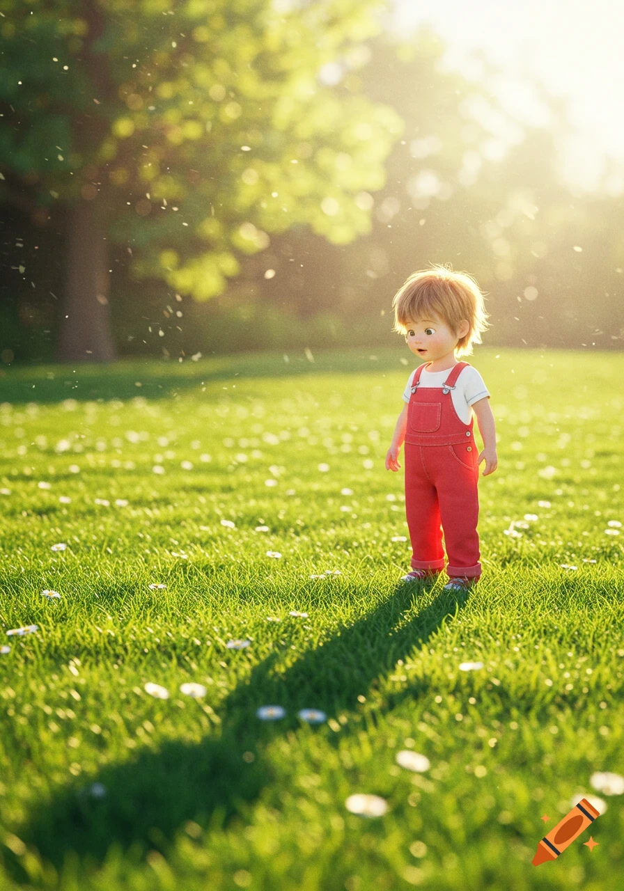 A cartoon child in red overalls looks at their long shadow in a sunny, grassy field with small white flowers, in a picture-book style.