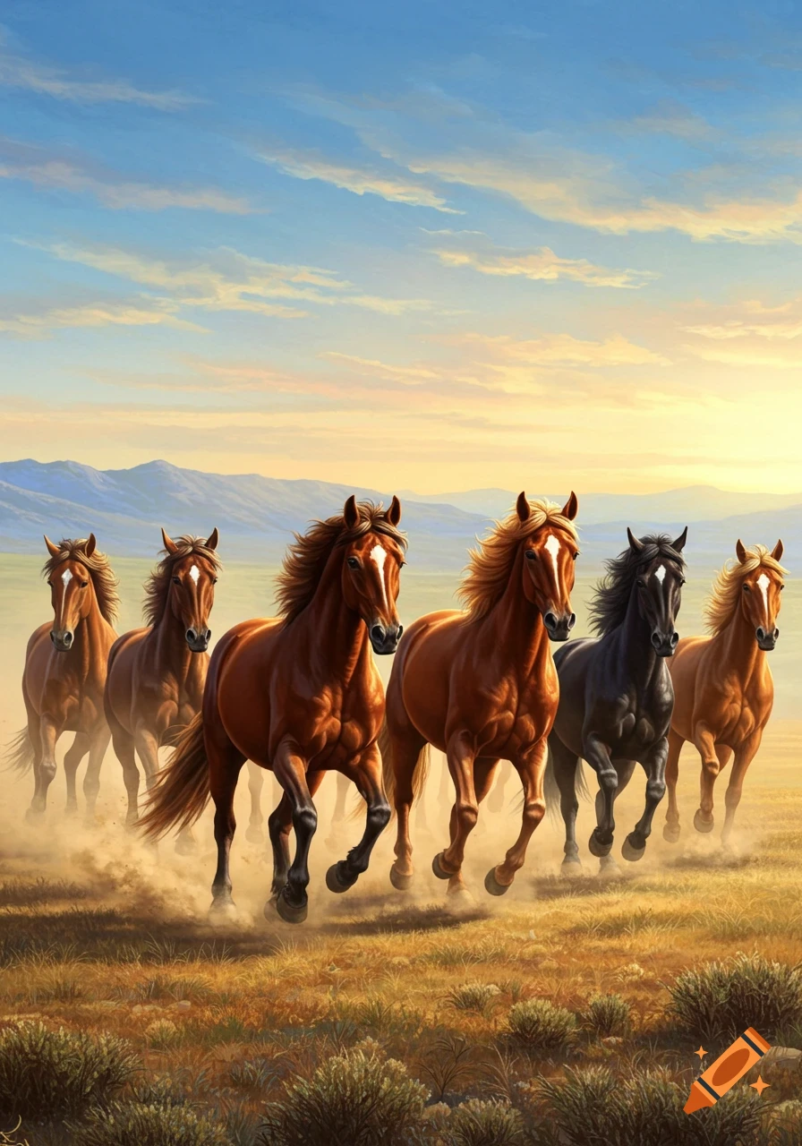 A herd of horses, mostly brown with one black, gallop through a dusty field at sunset with mountains in the background.