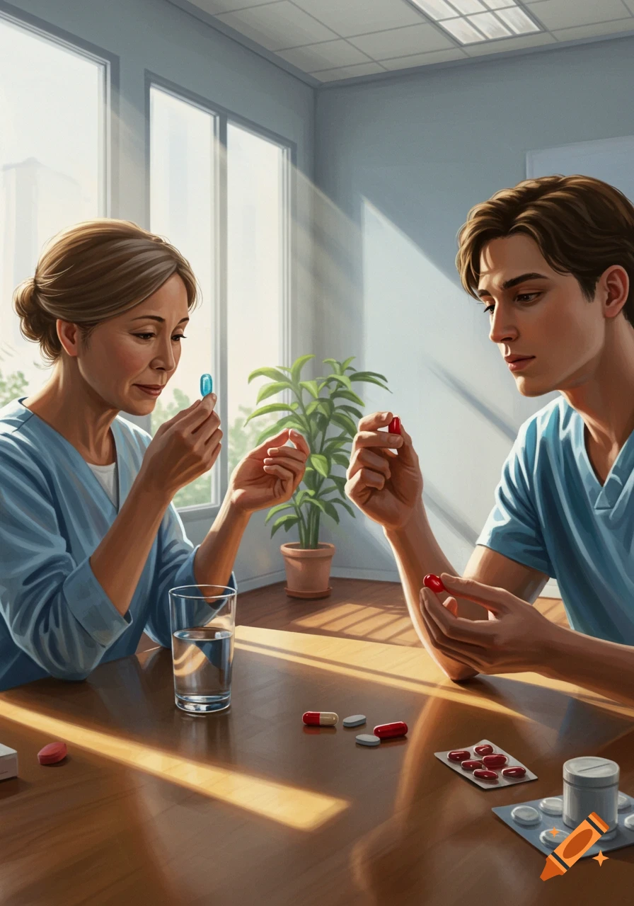 Two people in light blue scrubs sit at a table, each holding a different colored pill, with more medications on the table, in a brightly lit room.