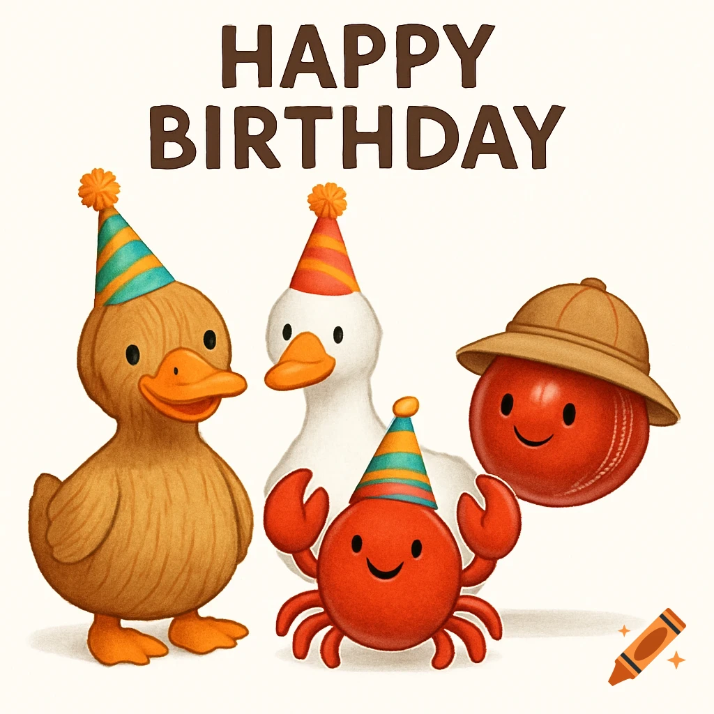 A cartoon illustration of a brown duck, a white goose, a red crab, and a red cricket ball wearing party hats, with 'HAPPY BIRTHDAY' text.