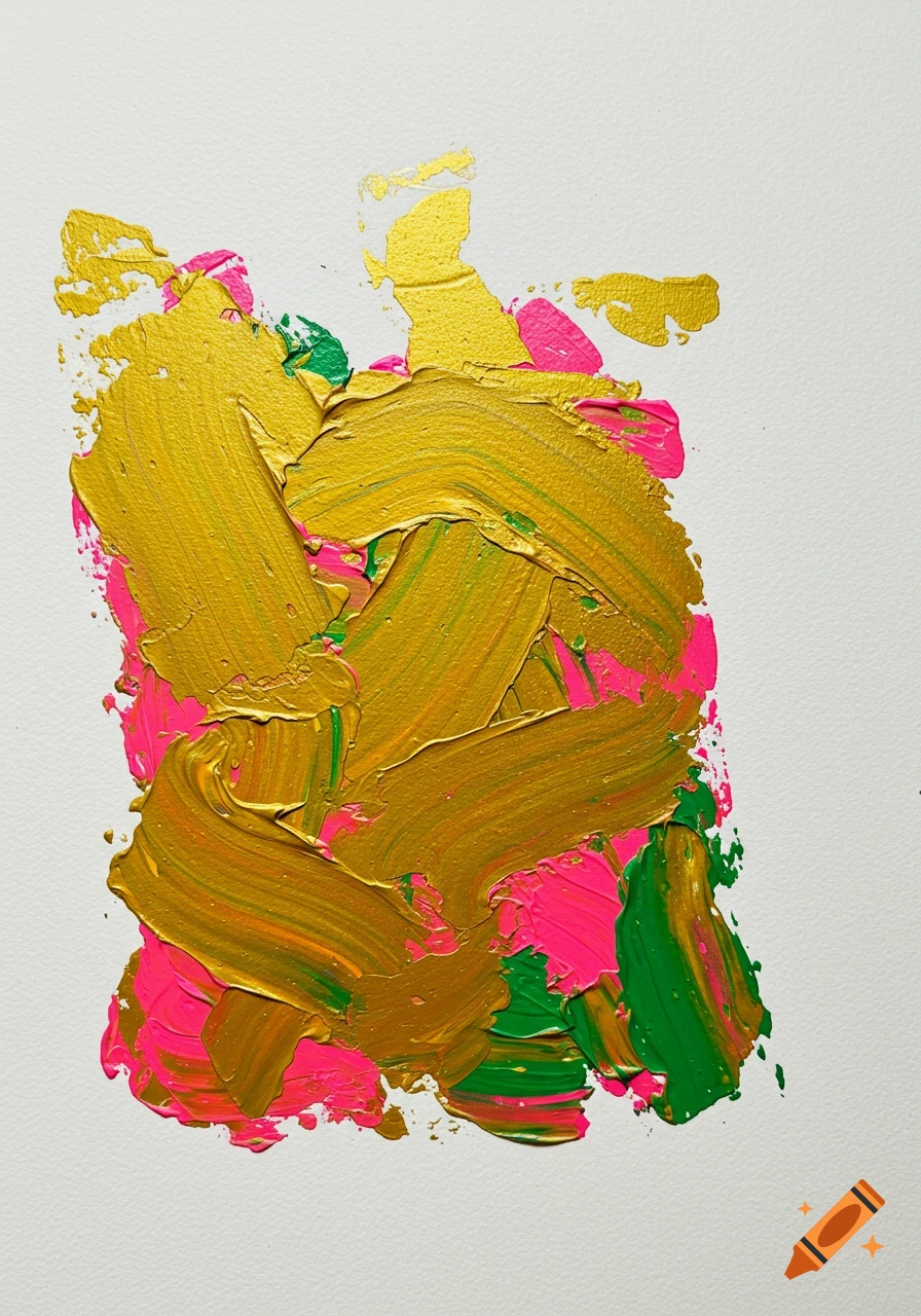 Abstract painting with thick brushstrokes of golden yellow, neon pink, and green paint on a white canvas.