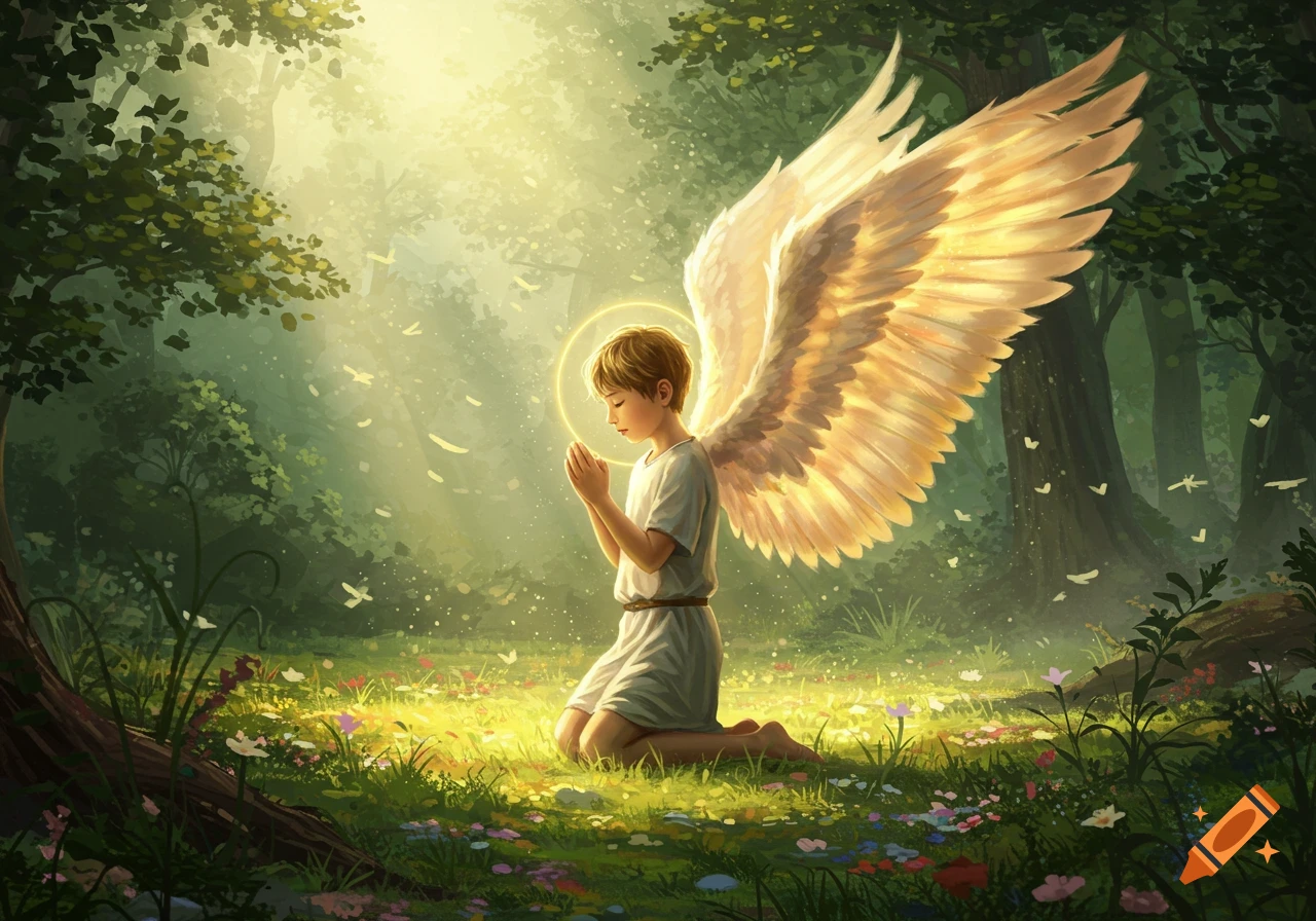 An angelic boy with golden wings and a halo kneels in prayer amidst a sunlit, vibrant forest floor filled with flowers.