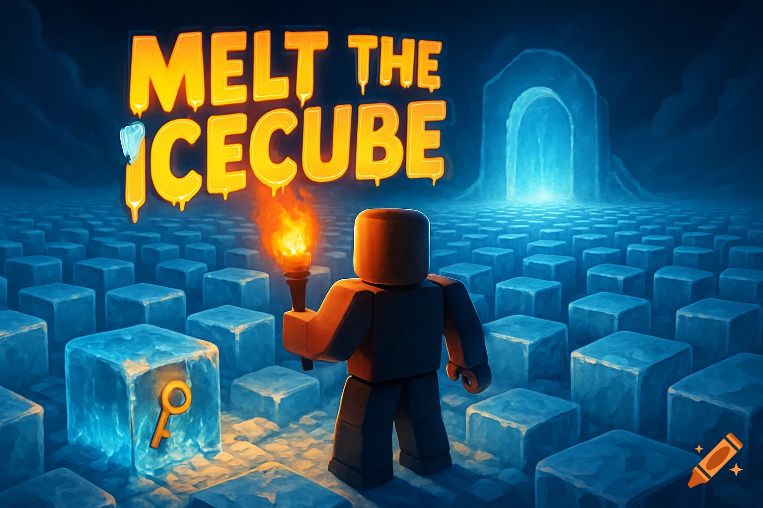 Roblox-style character with a torch in an icy field of cubes, 'MELT THE ICECUBE' text, and a glowing ice gate.