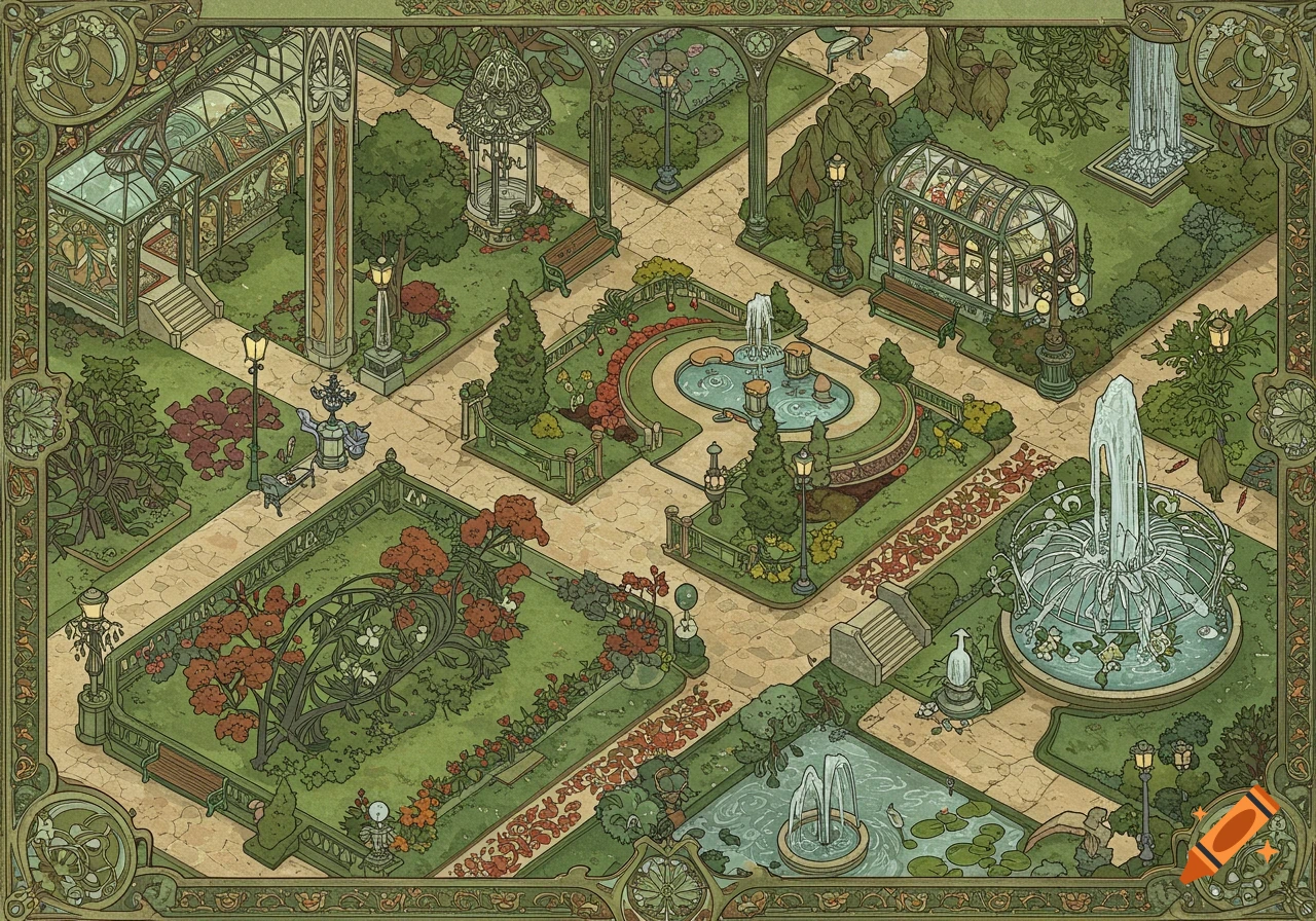 Isometric top-down view of an ornate Art Nouveau park with greenhouses, fountains, floral paths, and decorative borders.