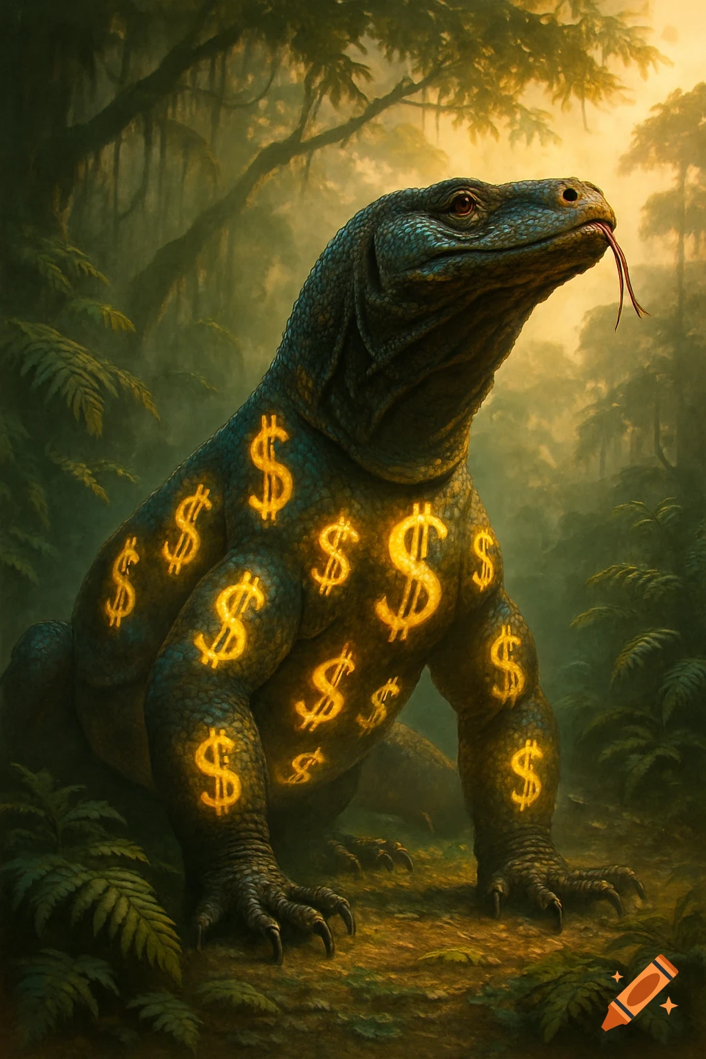 A large, scaly, green Komodo dragon-like creature covered in glowing gold dollar signs stands in a lush, misty jungle.