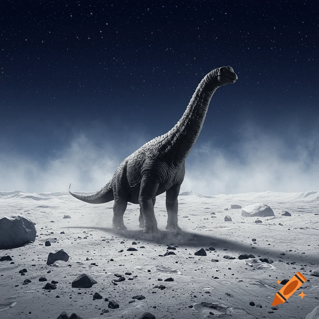 A large, dark dinosaur stands on a rocky, desolate moonscape under a starry night sky.