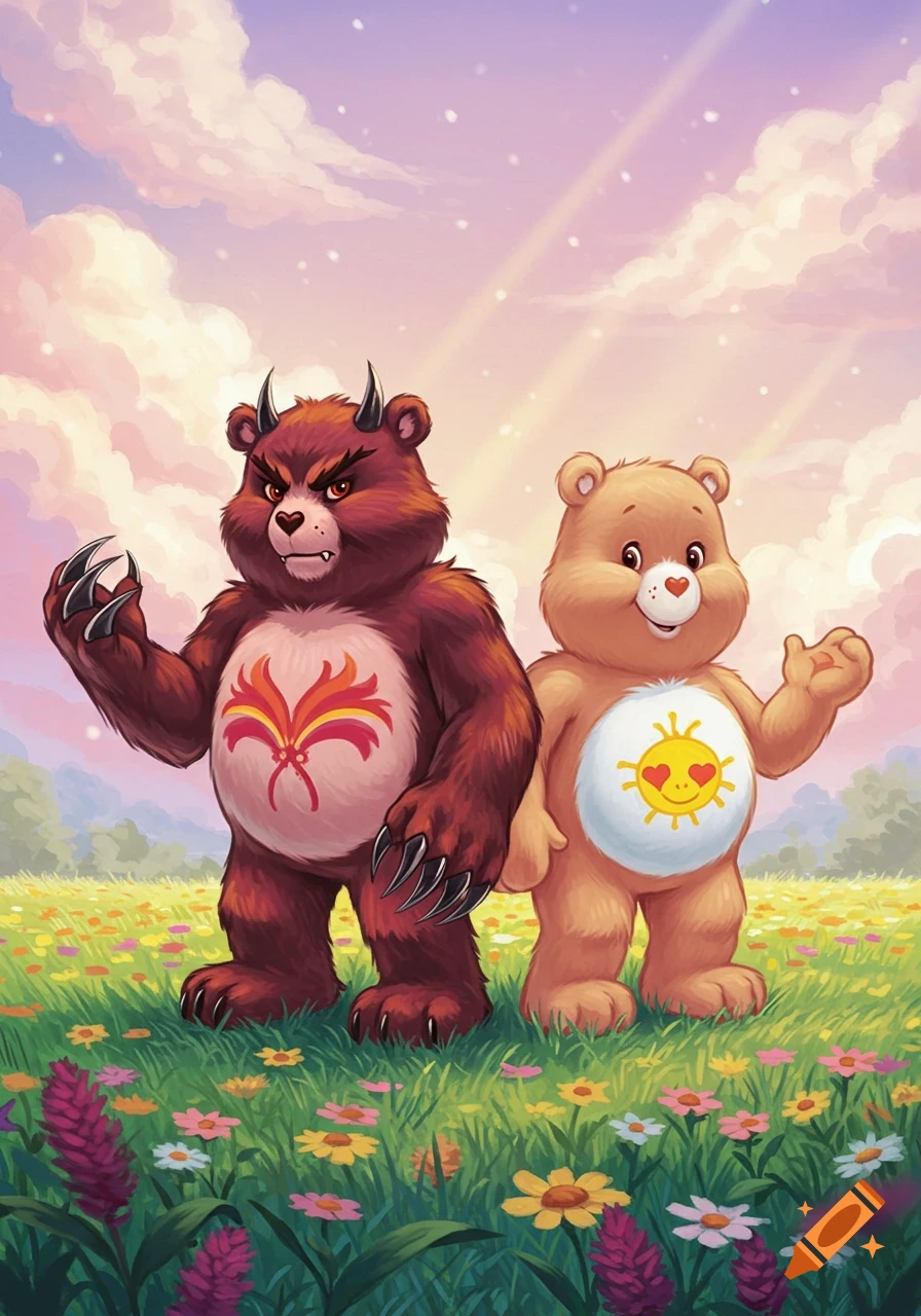 Two cartoon bears in a sunny flower field. One is fierce and brown with horns and claws, the other is cute and beige with a sun belly symbol.