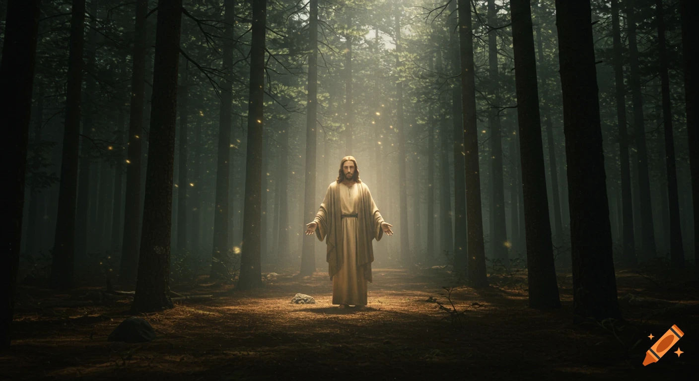 Jesus Christ stands with arms outstretched in a sun-dappled, ethereal forest, photorealistic.