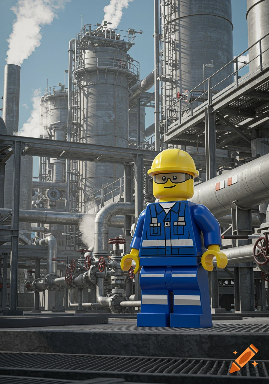 A photorealistic rendering of a Lego worker in PPE standing in an industrial gas plant.