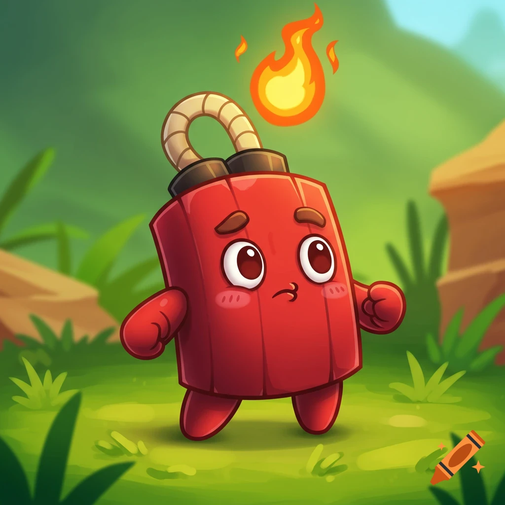 A cute, red, cartoony dynamite character with a lit fuse and a nervous expression stands in green grass.