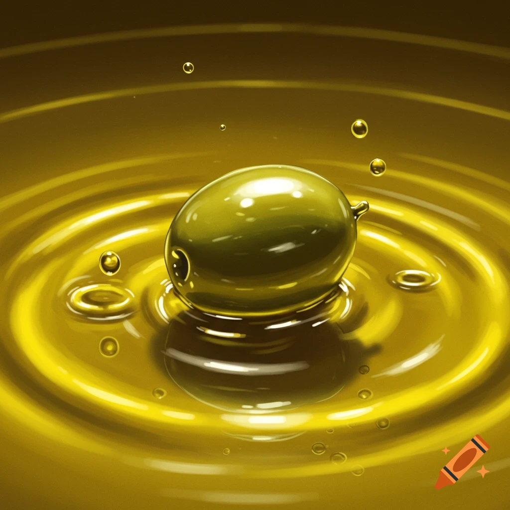 A green olive plunges into golden olive oil, creating ripples and tiny splashes in a photorealistic close-up.
