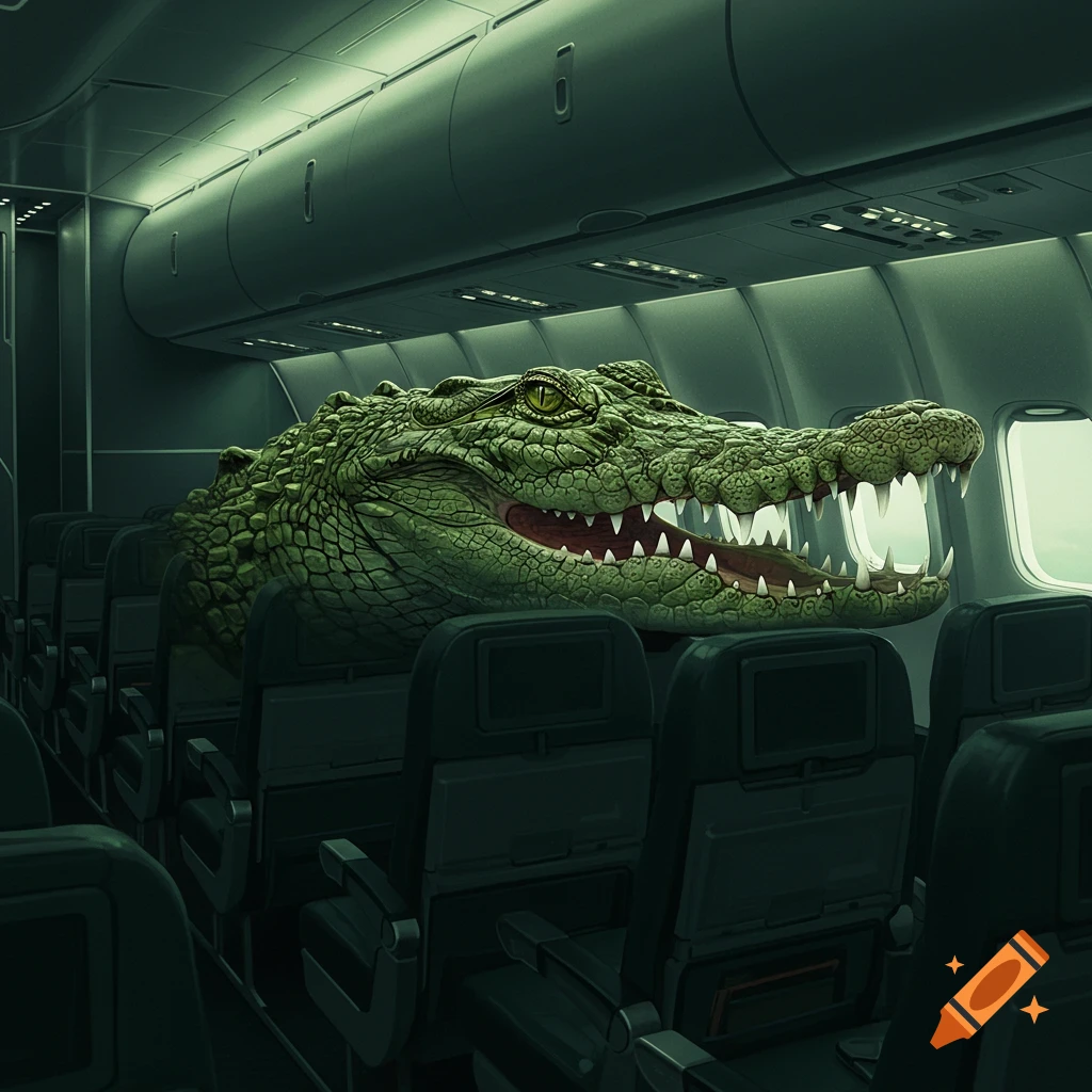 A giant green crocodile with its mouth open fills the aisle and seats of an airplane cabin, looking out a window. Photorealistic style.