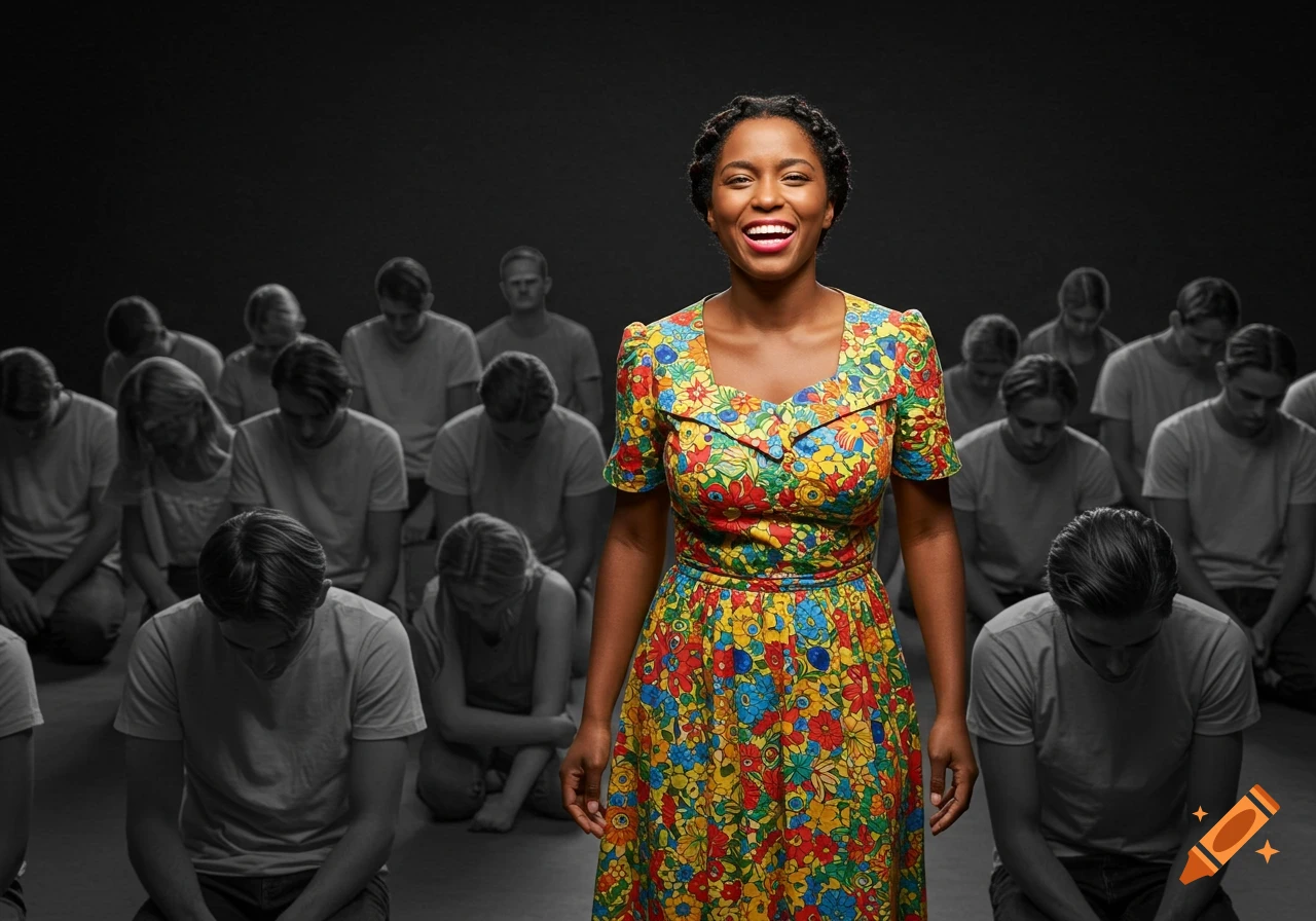 A smiling woman in a colorful floral dress stands in focus, surrounded by a grayscale crowd of kneeling people with bowed heads.