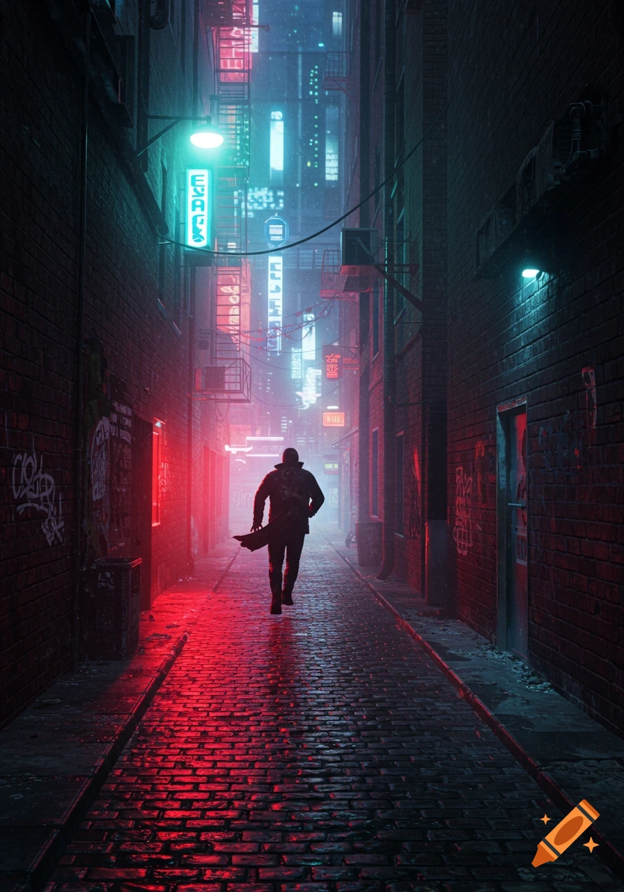 A lone figure walks down a dark, wet alley, illuminated by red and blue neon lights from distant signs, in a cyberpunk style.