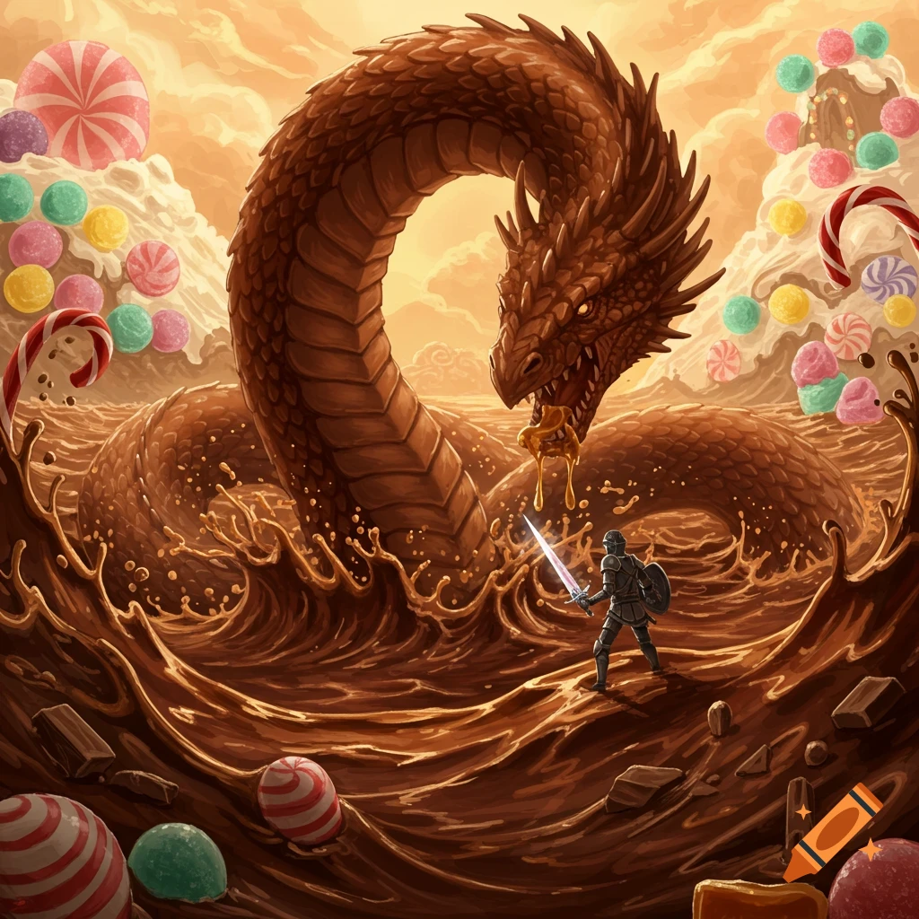 A knight battles a giant chocolate sea serpent dragon in a tumultuous chocolate sea filled with candies under an orange sky.