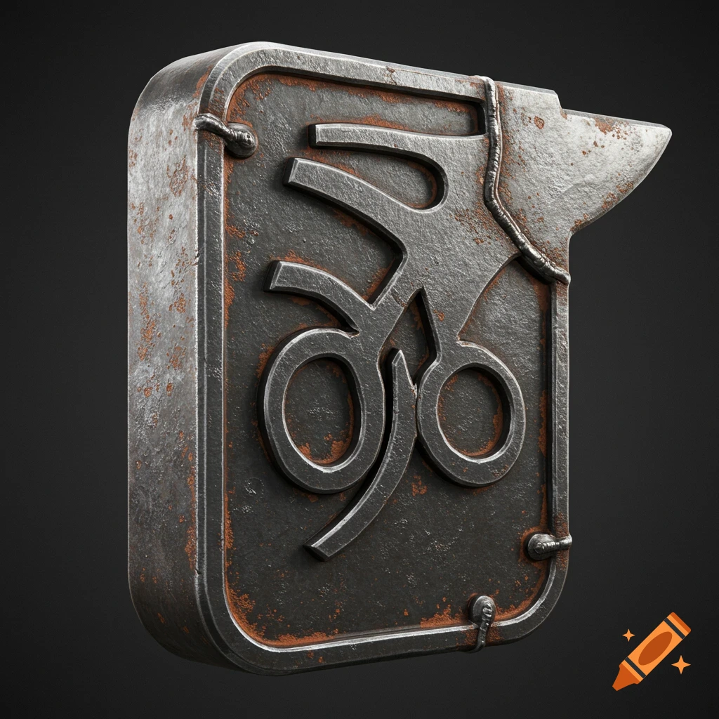 A rusted iron 3D emblem with a stylized abstract symbol, rendered with a textured finish.
