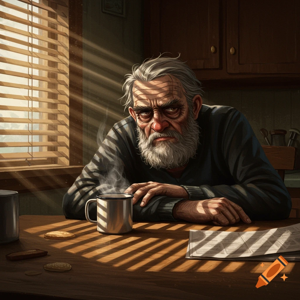 Illustrated portrait of a grumpy old man with a white beard sitting at a sunlit table with a steaming mug.
