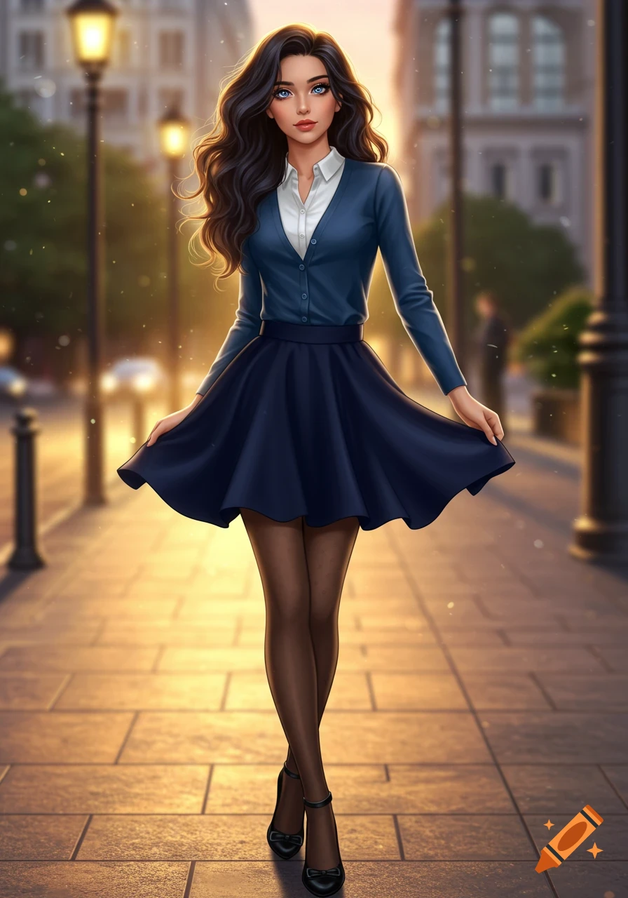 Illustration of a young woman with dark wavy hair and blue eyes, wearing a blue cardigan, navy skirt, tights, and heels, standing on a city sidewalk at sunset.