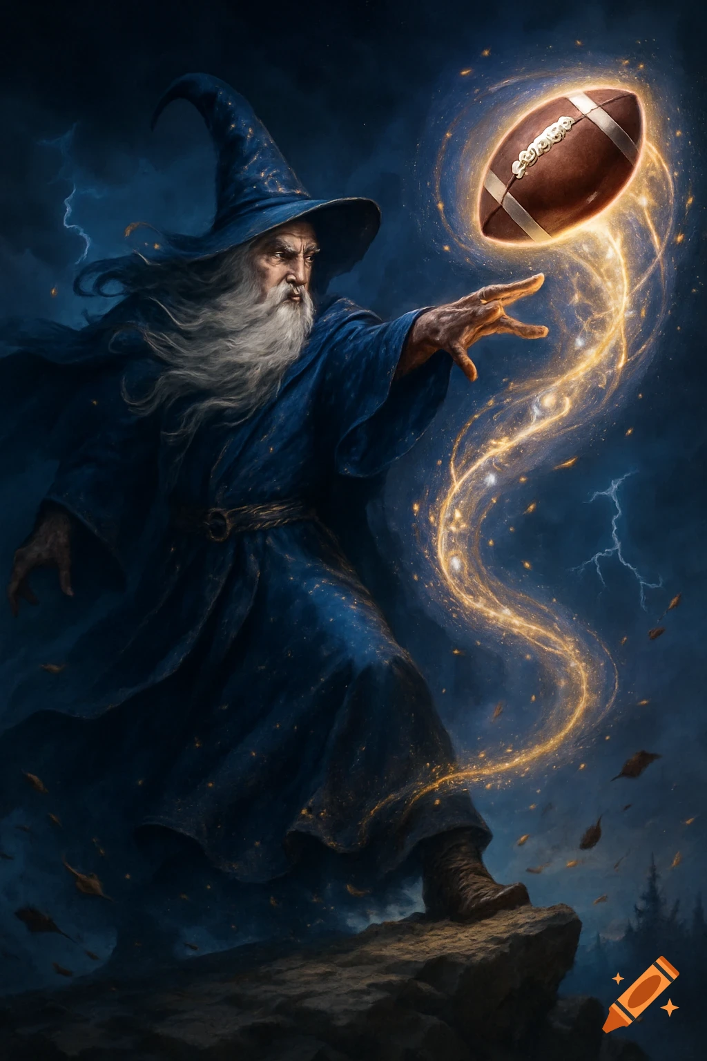 A bearded wizard in blue conjures a glowing American football with golden magic against a stormy night sky.