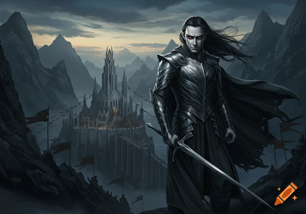 A dark-haired elf in black armor with glowing red eyes stands holding a sword, an imposing dark castle and mountains behind him.
