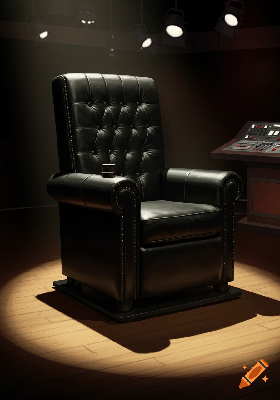 A large, black tufted leather armchair is illuminated by spotlights in a dark studio room, with a control panel in the background.