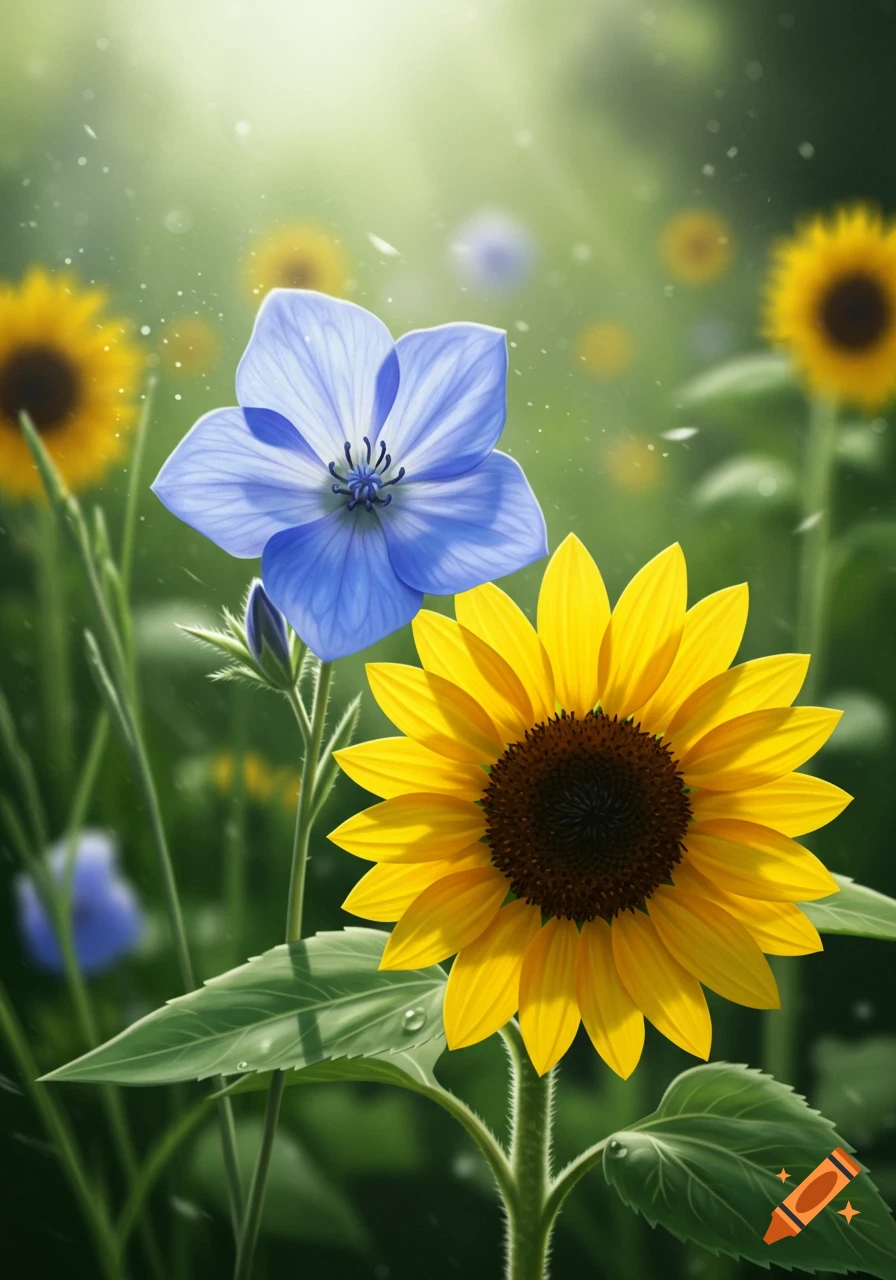 A close-up view of a vibrant blue flower blooming next to a bright yellow sunflower in a sunlit green field.