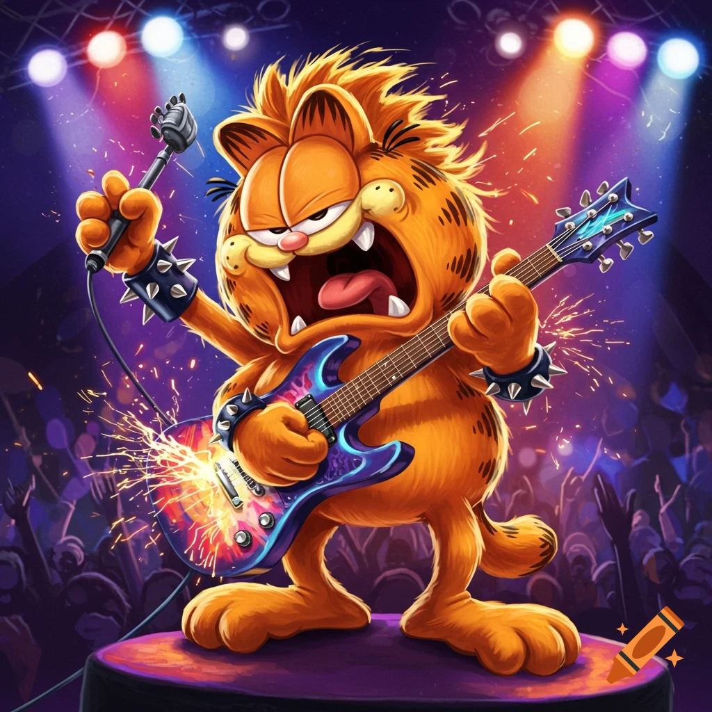 Cartoon Garfield as a rock star, shredding a guitar on stage with sparks flying, illuminated by colorful concert lights.