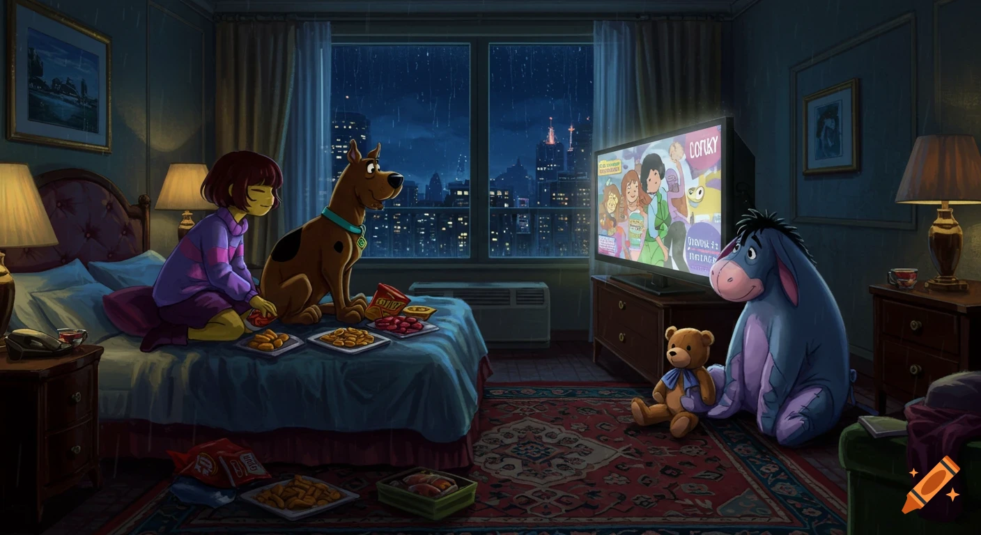 Frisk, Scooby-Doo, and Eeyore relaxing in a hotel room at night, eating snacks and watching TV as rain falls outside.