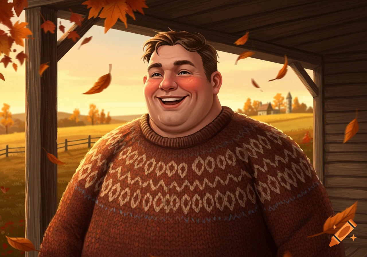 A smiling, friendly man in a brown patterned sweater stands outdoors with autumn leaves falling and a golden landscape in the background.