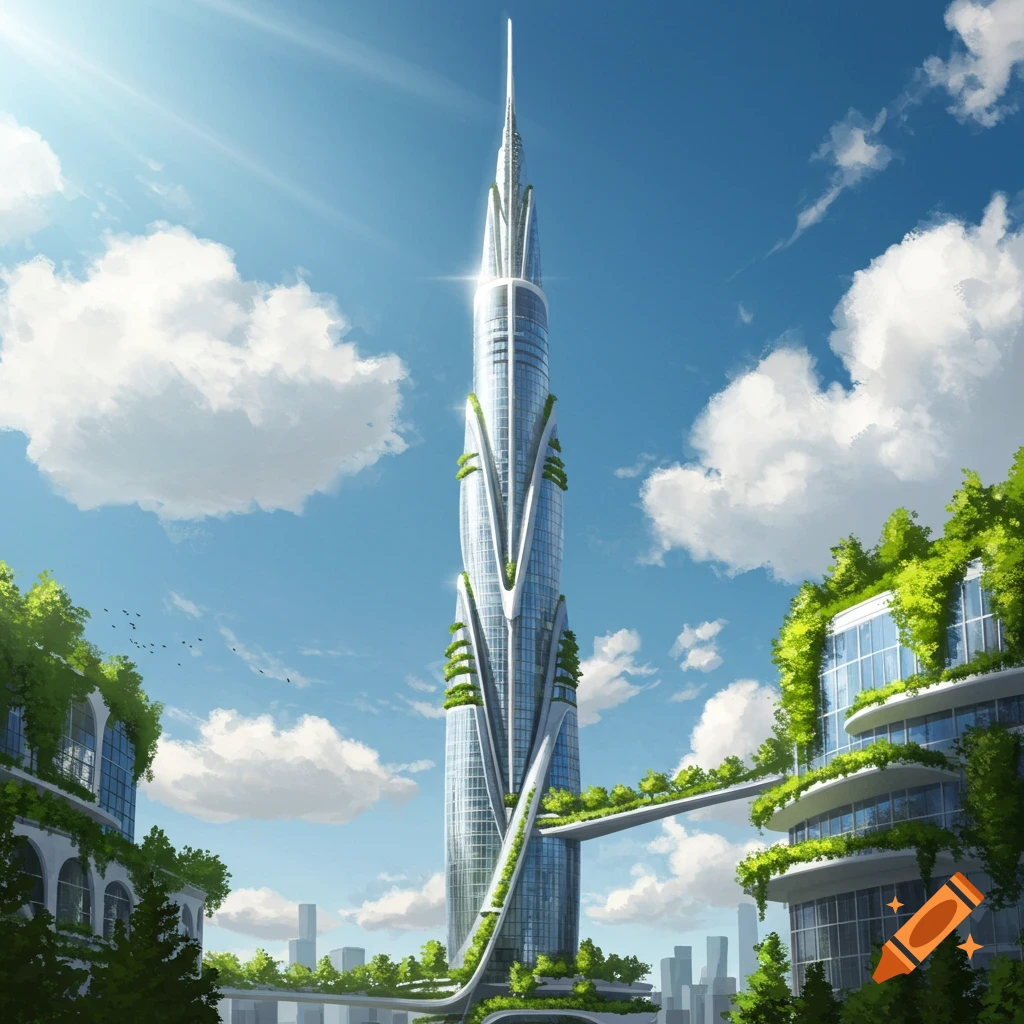 A tall, futuristic, eco-friendly skyscraper with winding green plants and glass panels, surrounded by other verdant buildings under a bright blue sky.