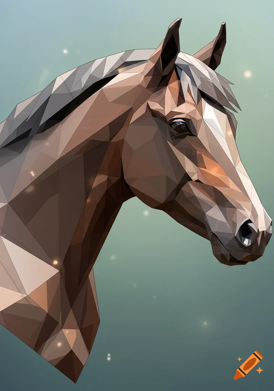 Geometric style illustration of a brown horse head with a white blaze, facing right, on a soft teal background.