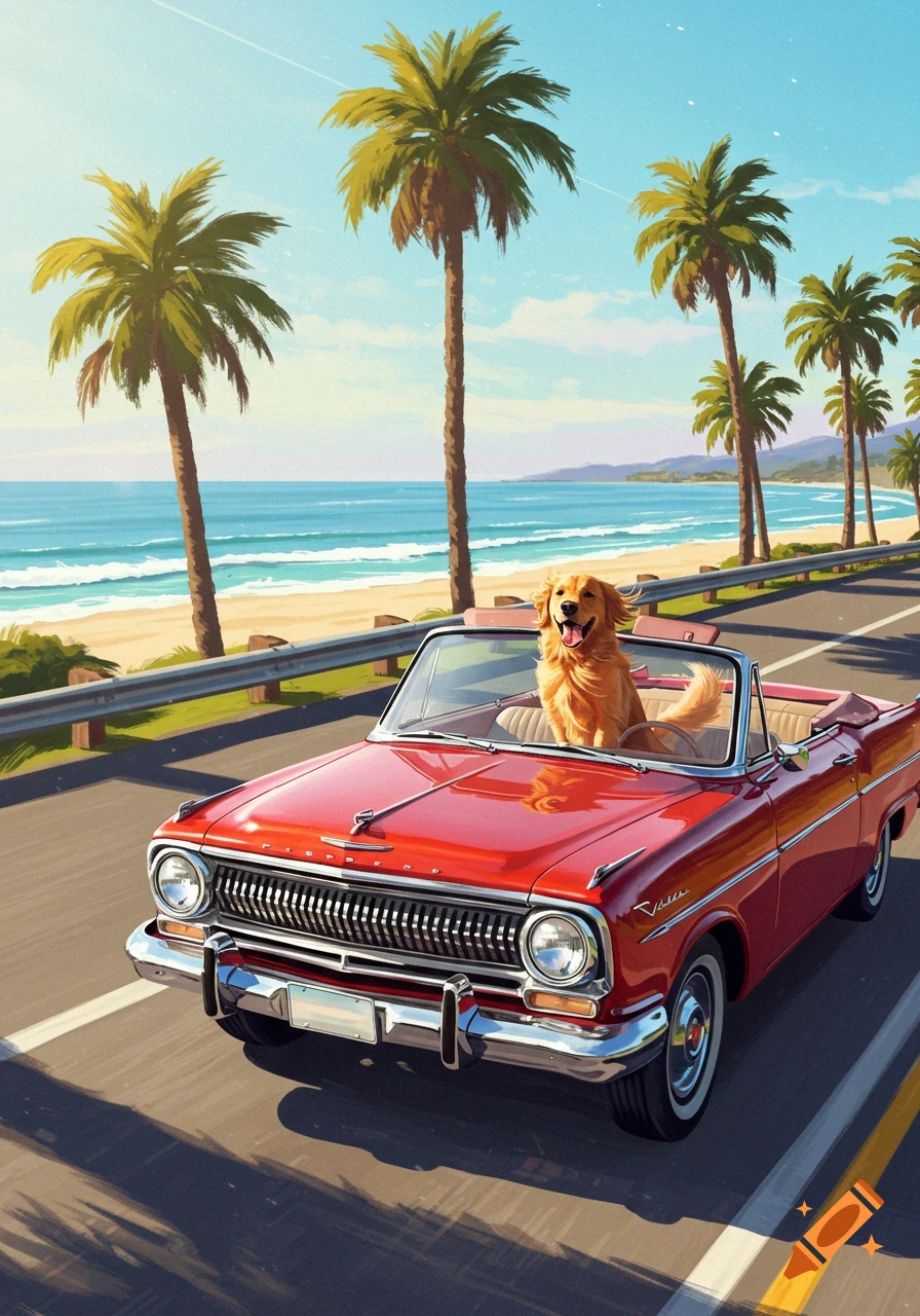 A golden retriever rides in a red convertible along a sunny coastal road with palm trees, blue ocean, and sandy beach.