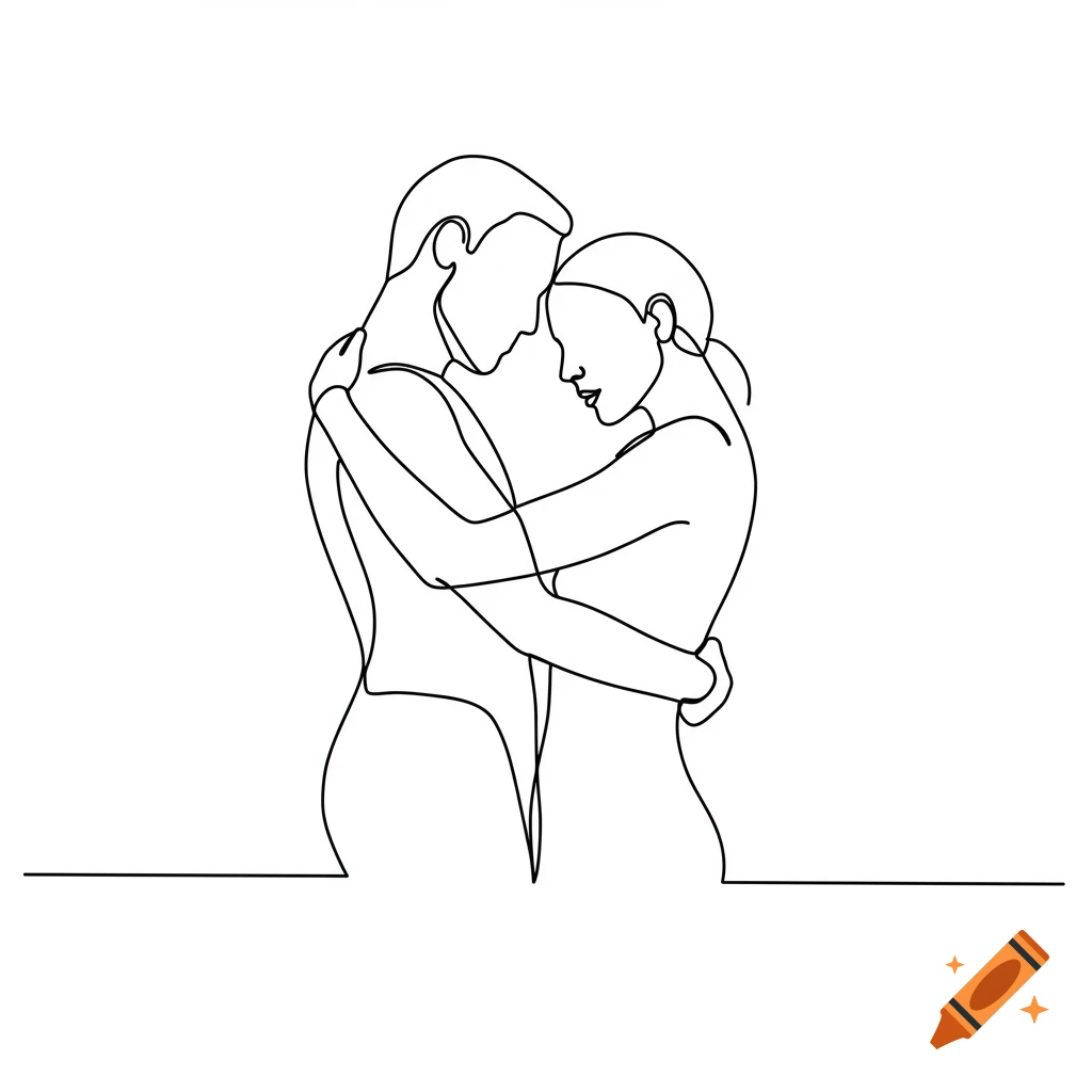 Minimalist line art drawing of a man and woman embracing.